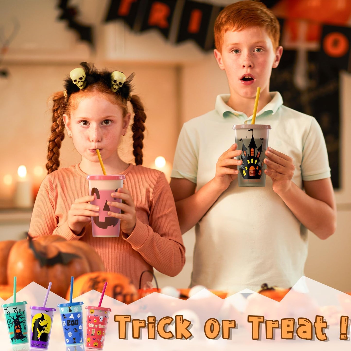 Halloween color changing cups with lids and straws, featuring spooky designs for a hauntingly good time!