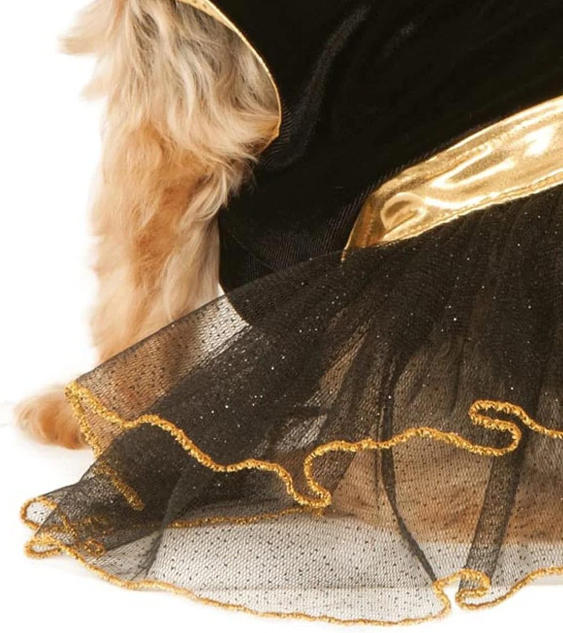 Batgirl pet costume features a Black and Gold tutu dress with the bat symbol