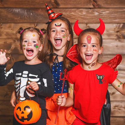 Get ready for Halloween with 125+ cute and colorful temporary tattoos featuring popular Halloween elements like pumpkins, bats, cats, ghosts, witches, skulls, and graves