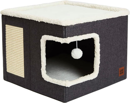 This Cat Cave Bed features a unique design with a double-sided opening, scratch pad and hideaway tent