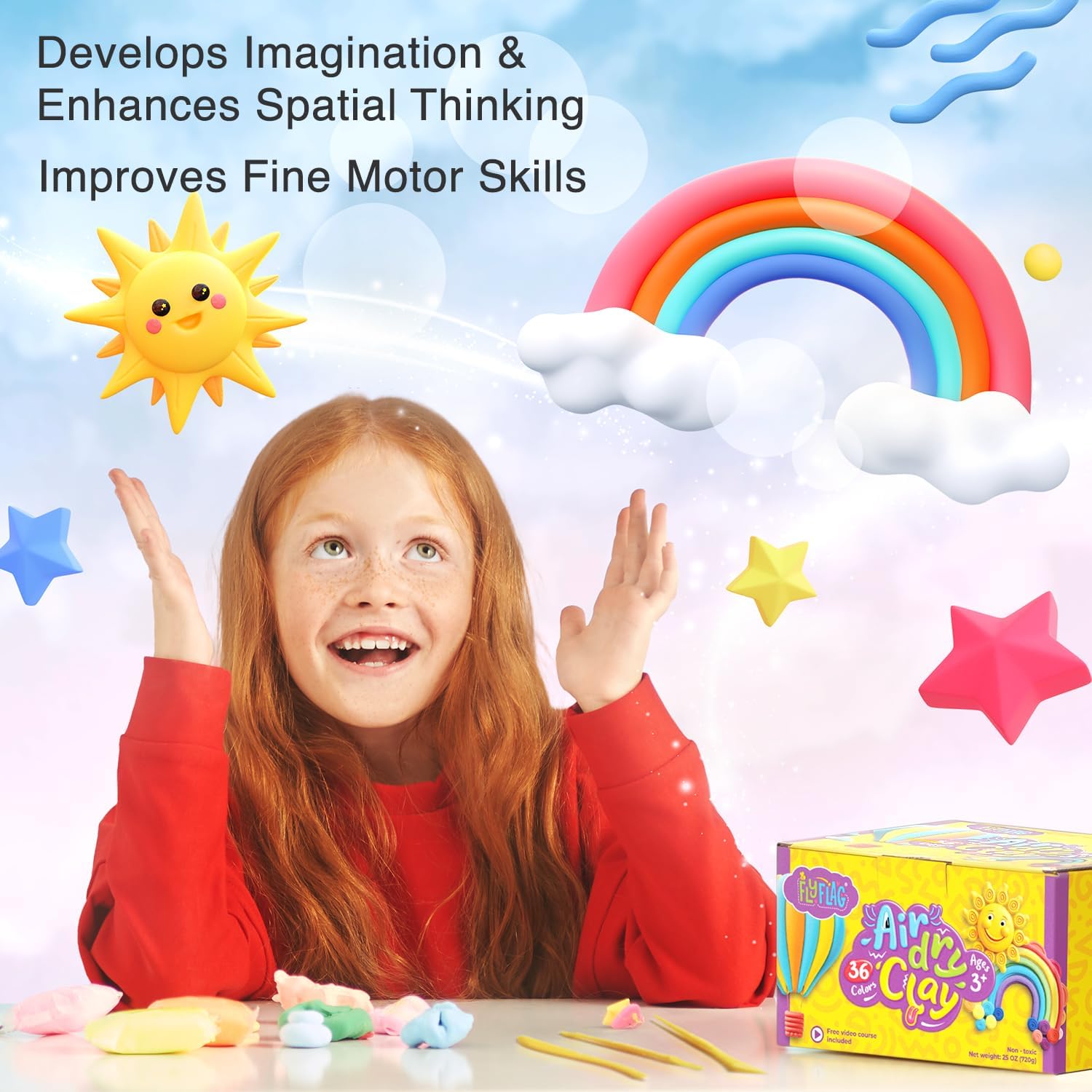 This air dry modeling clay is designed to foster creativity and boost self-confidence in children of all skill levels.
36 Colors, Soft &amp; Ultra Light
With a smooth texture and softness, it allows both novice and expert sculptors to excel.
Not only does it come in a variety of colors, but it also helps kids develop color and shape recognition, as well as the art of mixing and matching.
Made from high-quality materials, this clay is durable, flexible, and non-greasy, ensuring long-lasting creations without