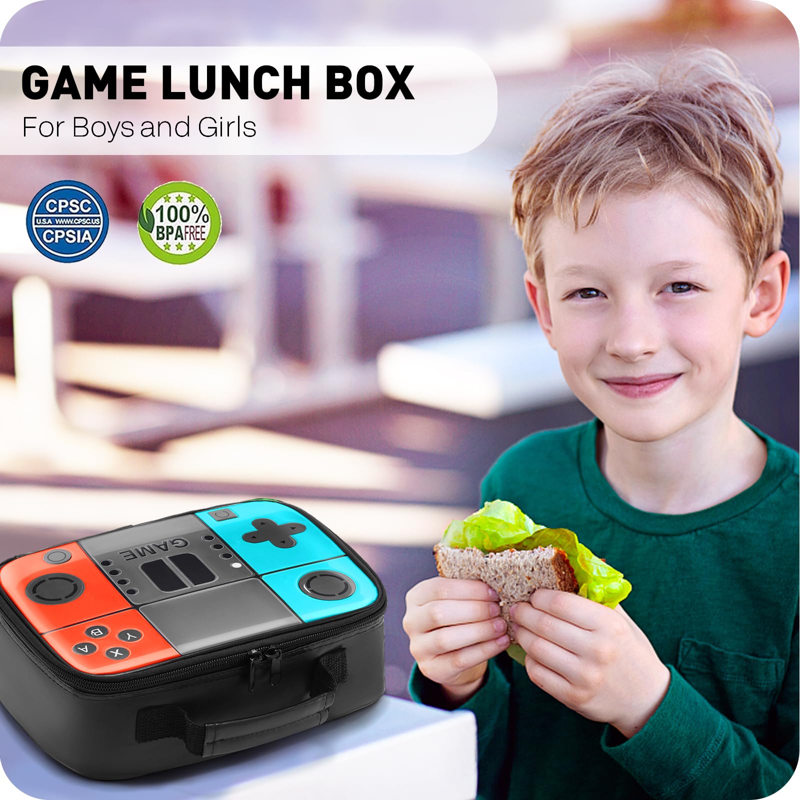 This stylish and durable leather school lunch box features a cool game machine design