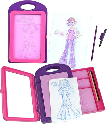 The Melissa & Doug fashion design kit includes everything needed for simple and fun fashion plate rubbings