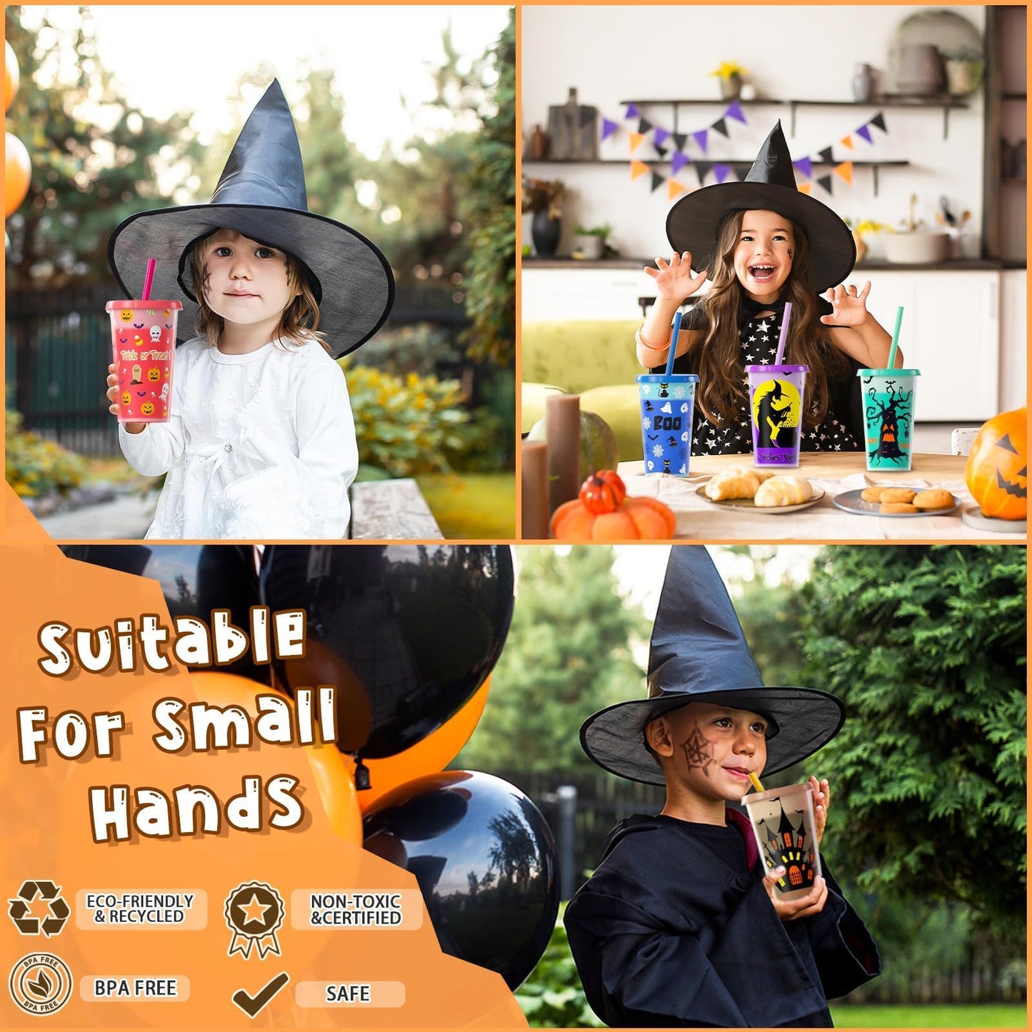 Halloween color changing cups with lids and straws, featuring spooky designs for a hauntingly good time!