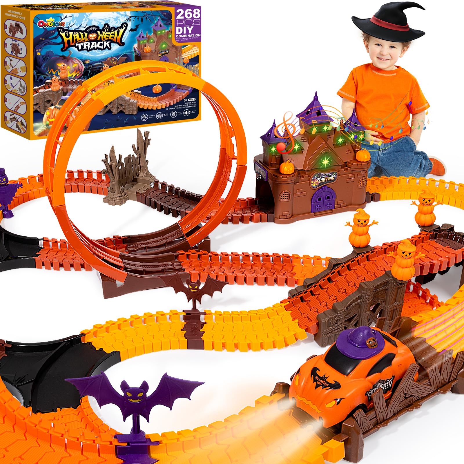 Take an exciting and immersive journey through a thrilling castle in spooky fun with Halloween track car toys