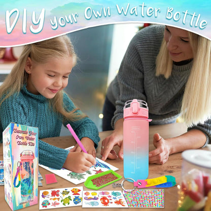 DIY water bottle kits feature themes that little girls love, including unicorns and mermaids