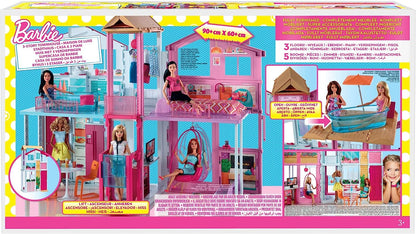 This Barbie doll townhouse boasts three levels of play space and fun