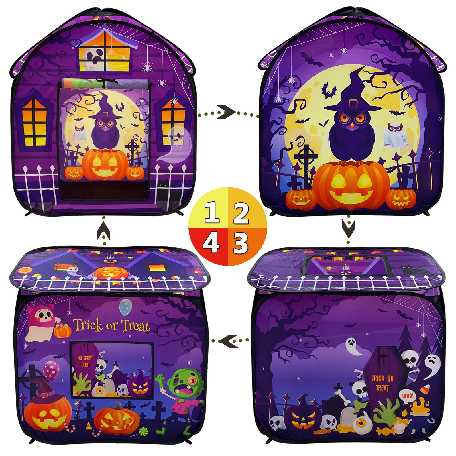 The play tent features fun Halloween elements to enhance the atmosphere and is made of safe, durable, and wrinkle-resistant materials