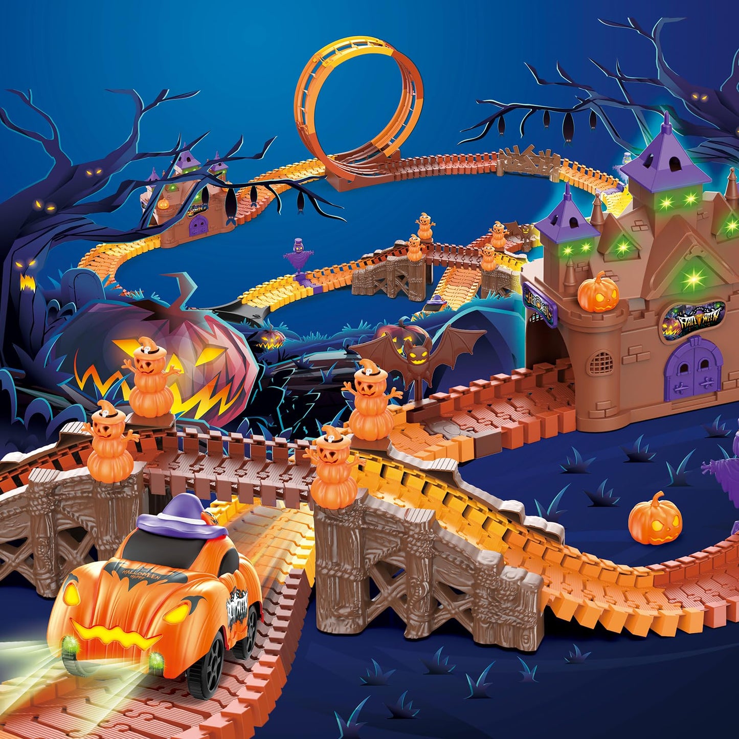 Take an exciting and immersive journey through a thrilling castle in spooky fun with Halloween track car toys