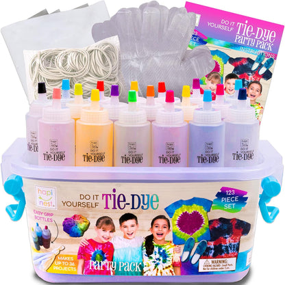 The Hapinest Tie Dye Party Kit includes everything you need to create tie dye projects with 14 vibrant colors and easy-to-follow instructions