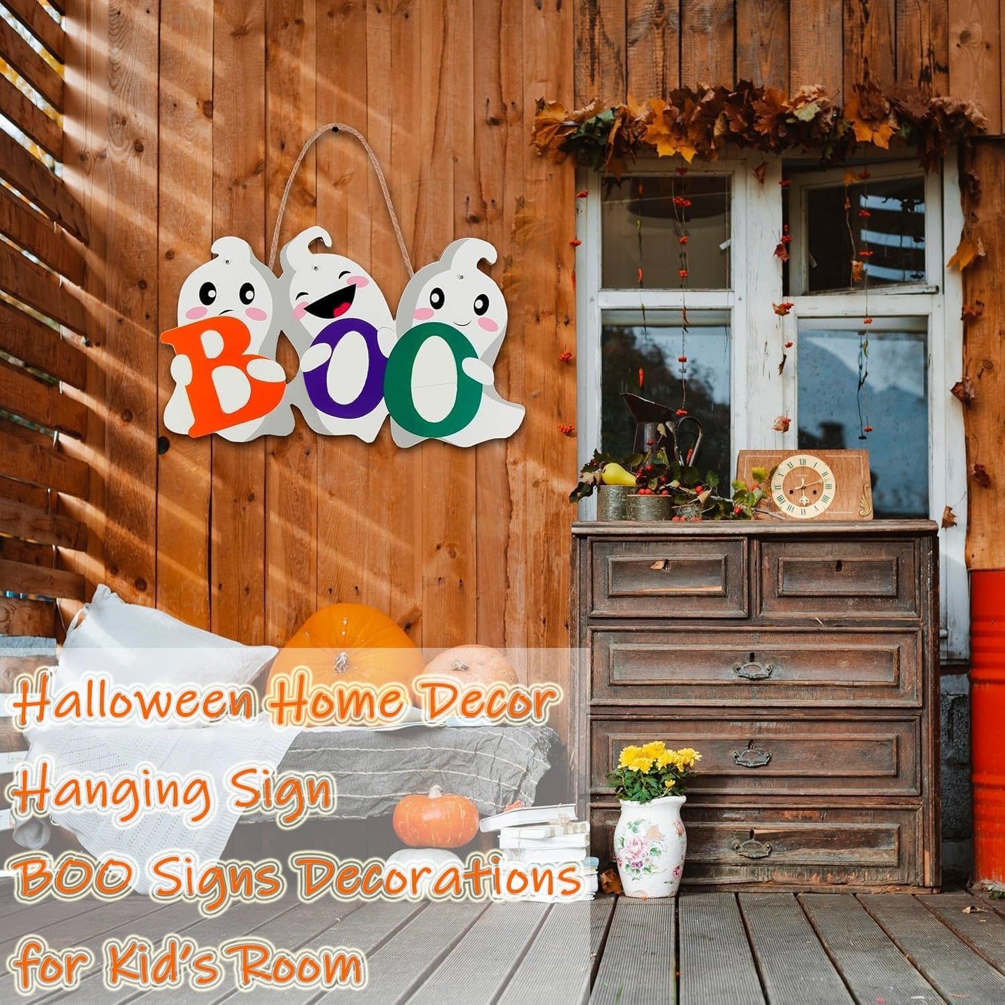 Enhance your Halloween decorations with this BOO wooden ghost sign set