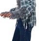 This child werewolf costume features a lifelike gray faux fur mask with a latex face