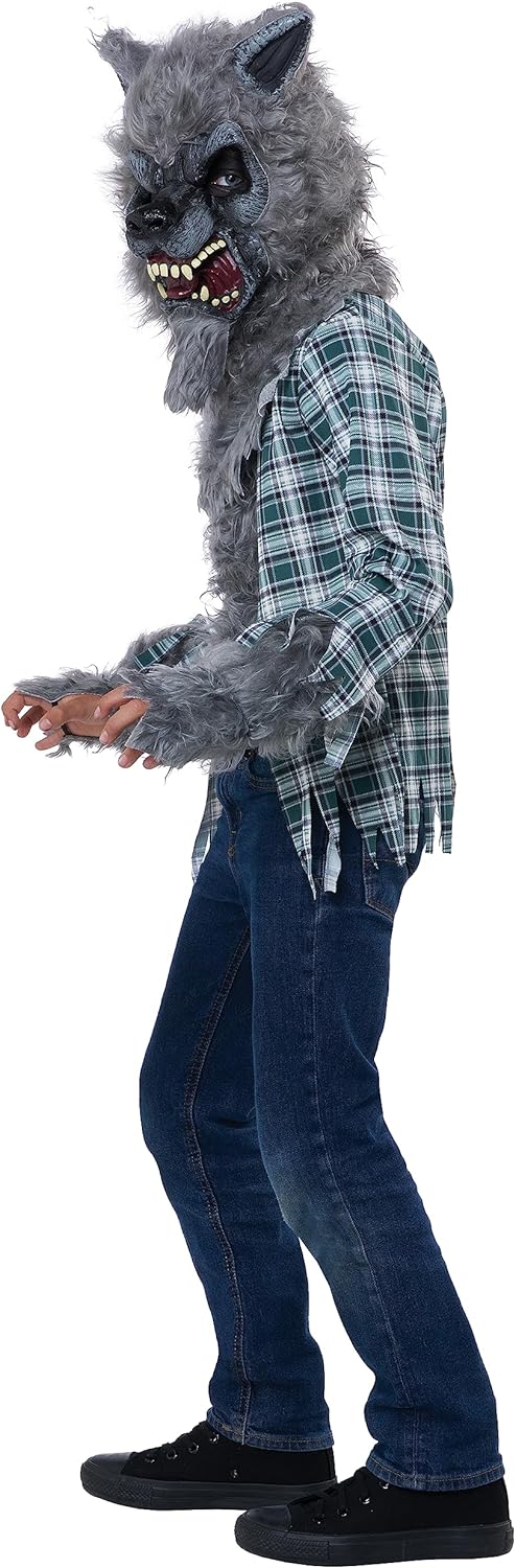 This child werewolf costume features a lifelike gray faux fur mask with a latex face