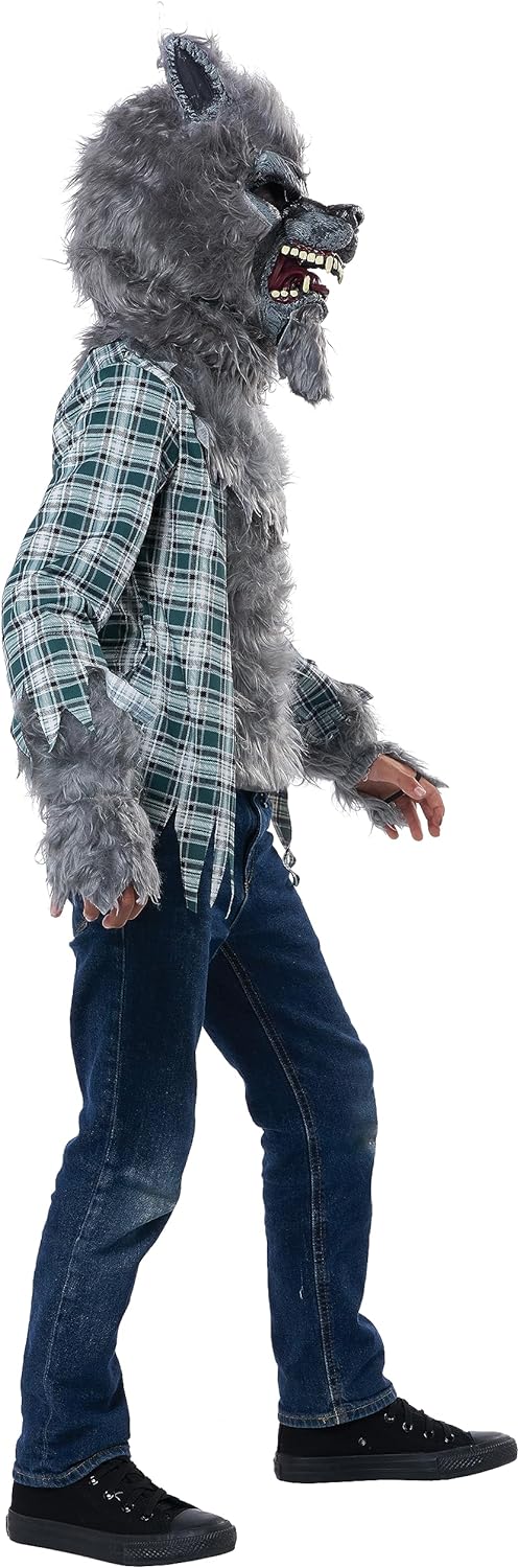 This child werewolf costume features a lifelike gray faux fur mask with a latex face