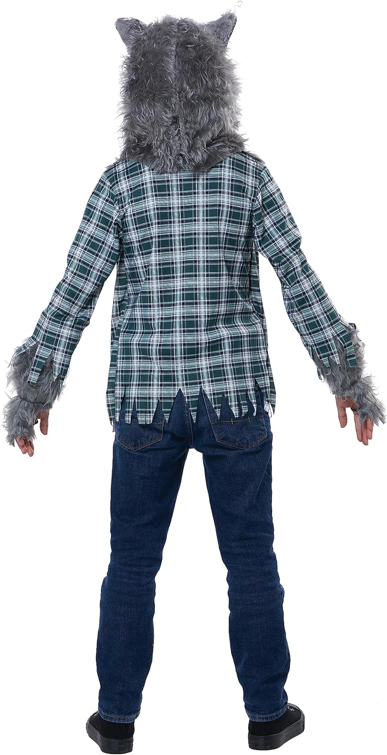 This child werewolf costume features a lifelike gray faux fur mask with a latex face