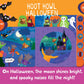 Halloween-themed children's book with interactive elements on an orange and purple background.