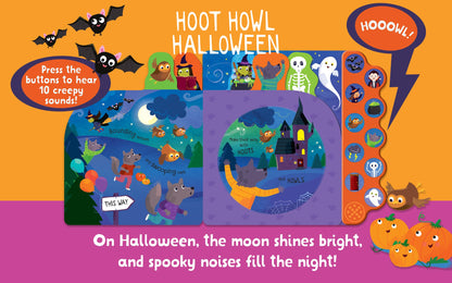 Halloween-themed children's book with interactive elements on an orange and purple background.