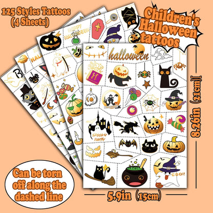 Get ready for Halloween with 125+ cute and colorful temporary tattoos featuring popular Halloween elements like pumpkins, bats, cats, ghosts, witches, skulls, and graves