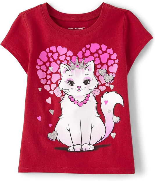 Valentine Cat Short Sleeve Printed Graphic T-Shirt