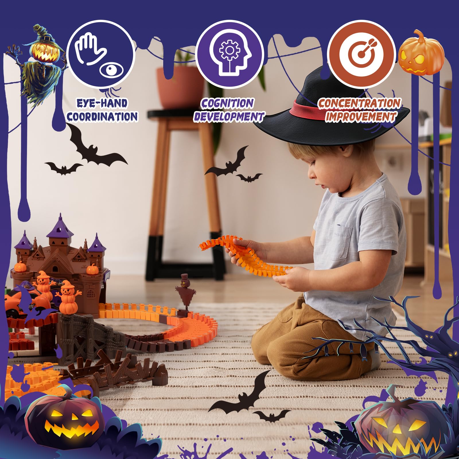 Take an exciting and immersive journey through a thrilling castle in spooky fun with Halloween track car toys