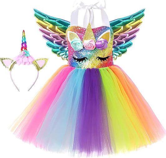 Unicorn Costume LED Light Up Princess Tutu Dress with Headband Wing
