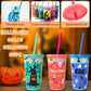 Halloween color changing cups with lids and straws, featuring spooky designs for a hauntingly good time!