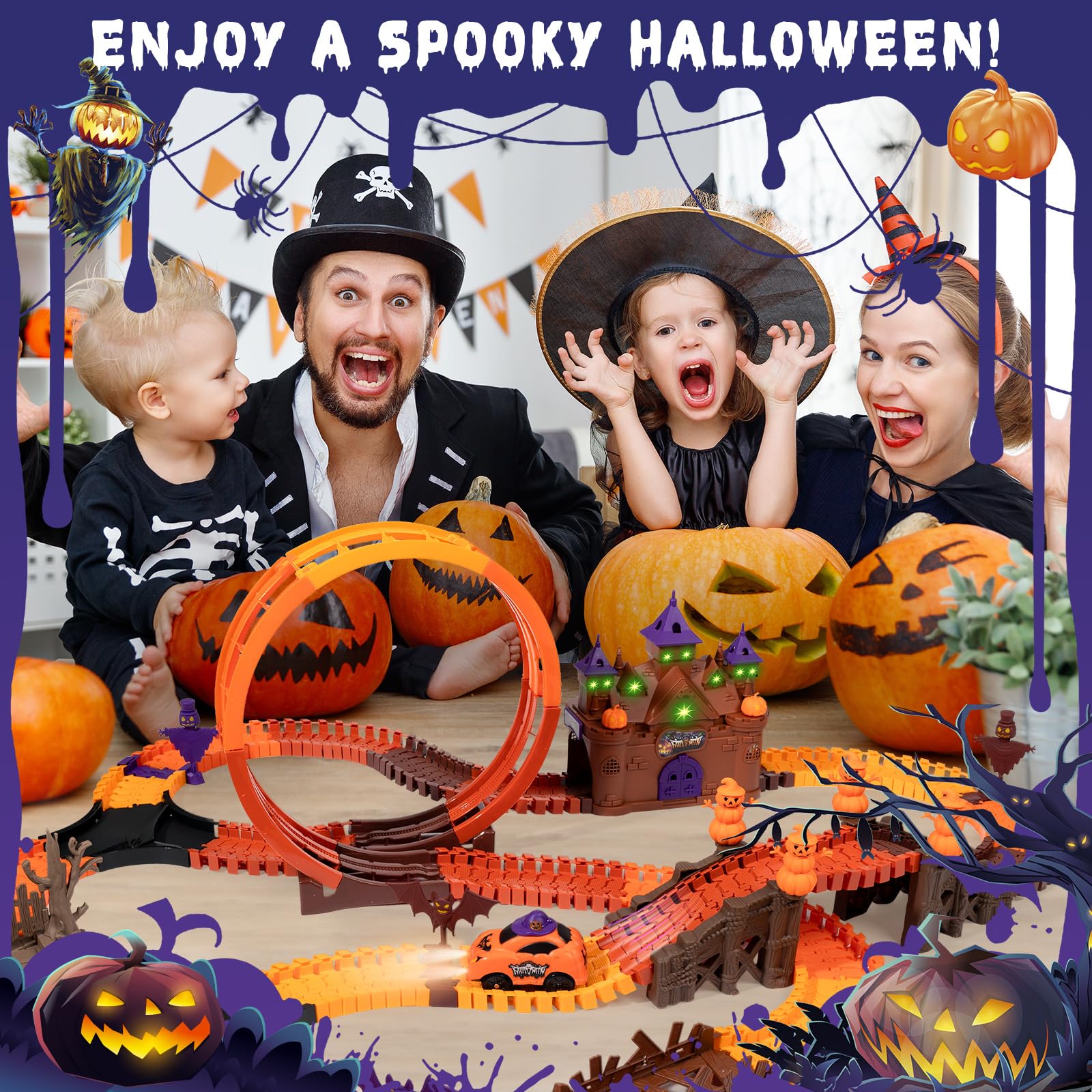 Take an exciting and immersive journey through a thrilling castle in spooky fun with Halloween track car toys