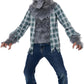 This child werewolf costume features a lifelike gray faux fur mask with a latex face