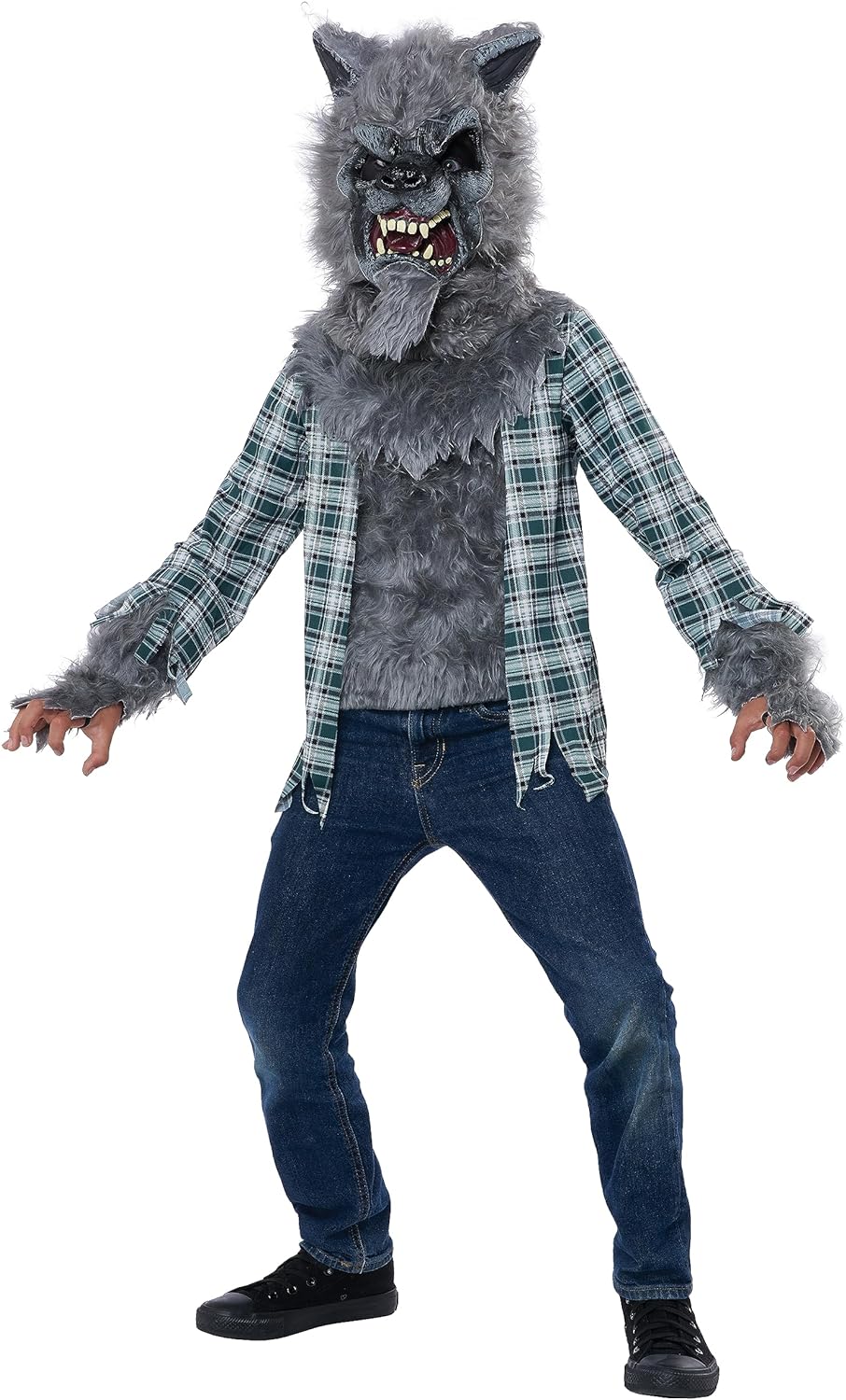 This child werewolf costume features a lifelike gray faux fur mask with a latex face