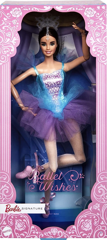 This collectible Barbie doll comes in a stunning satiny ballerina costume, complete with a multi-layered tulle tutu skirt