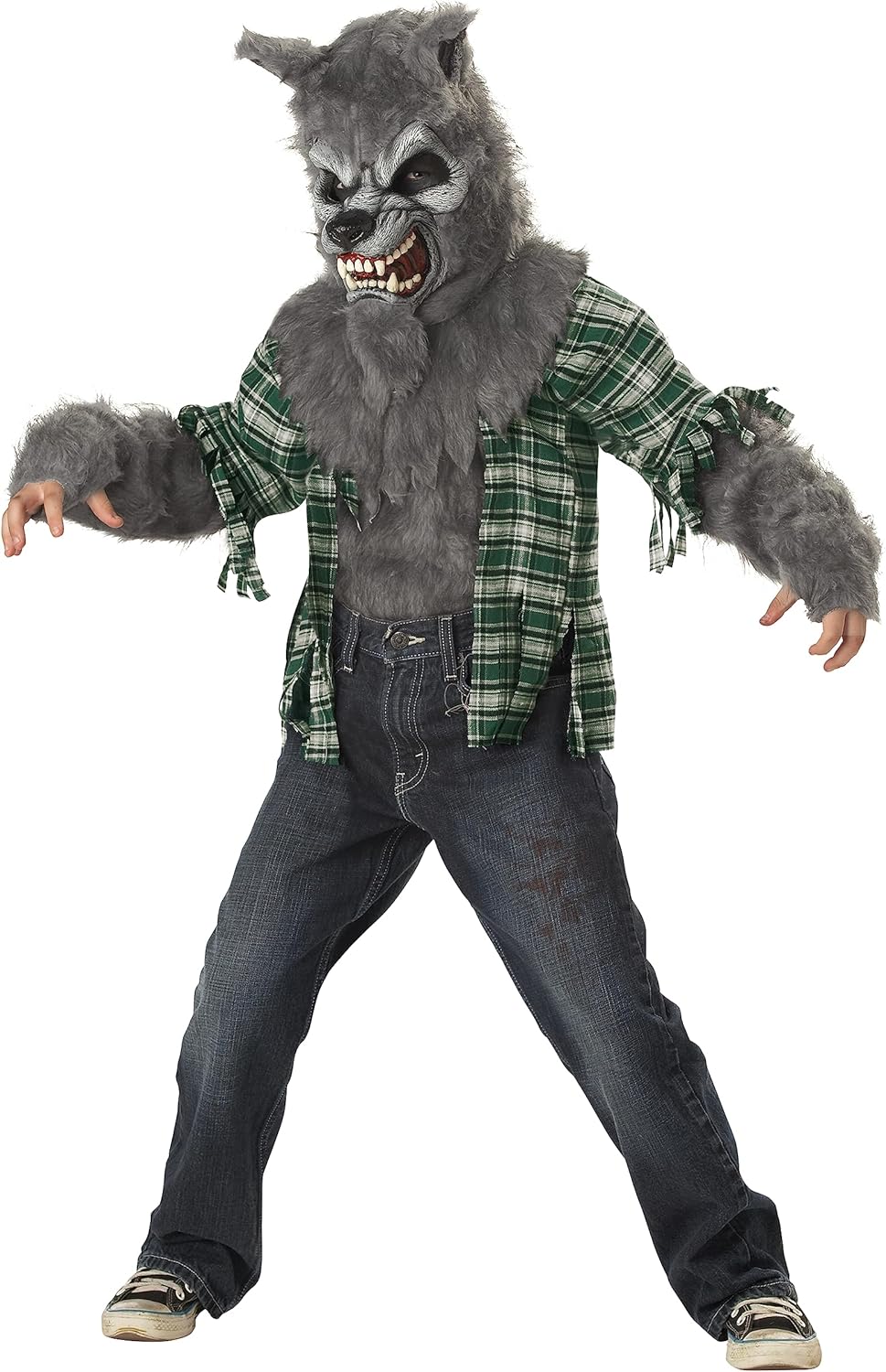 This child werewolf costume features a lifelike gray faux fur mask with a latex face