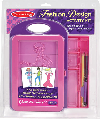 The Melissa & Doug fashion design kit includes everything needed for simple and fun fashion plate rubbings