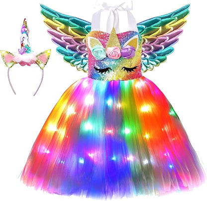 Unicorn Costume LED Light Up Princess Tutu Dress with Headband Wing