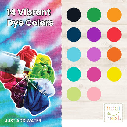 The Hapinest Tie Dye Party Kit includes everything you need to create tie dye projects with 14 vibrant colors and easy-to-follow instructions