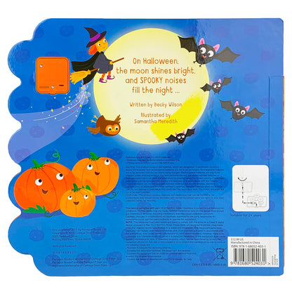 Back cover of a children's book with Halloween-themed illustrations, including pumpkins, bats, and a witch.
