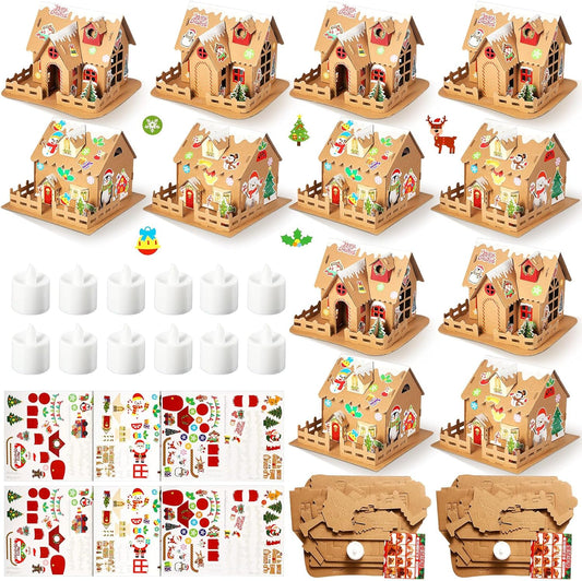 Christmas Gingerbread House Craft Kit with Light Cardboards (12 Sets)