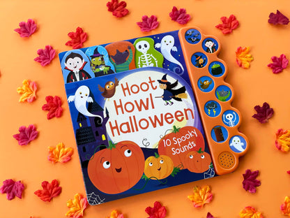 Halloween-themed children's book with sound buttons on an orange background with colorful leaves.