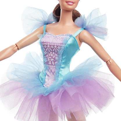 This collectible Barbie doll comes in a stunning satiny ballerina costume, complete with a multi-layered tulle tutu skirt