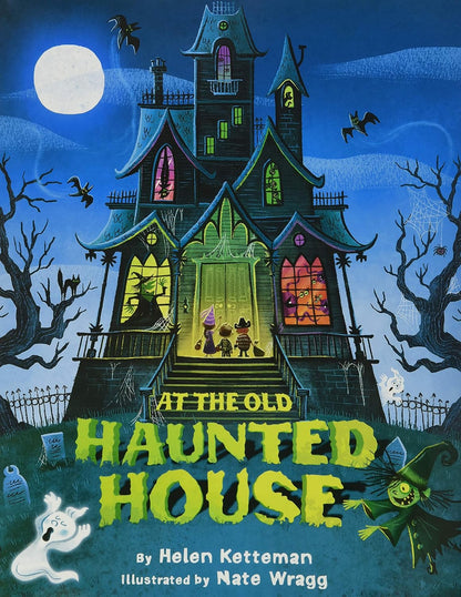 At the Old Haunted House, readers will explore a spooky tale of a warty green witch and her young witchy companion