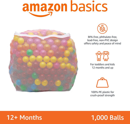 1000 crush-proof plastic pit balls in an assortment of colors, plus a mesh storage bag