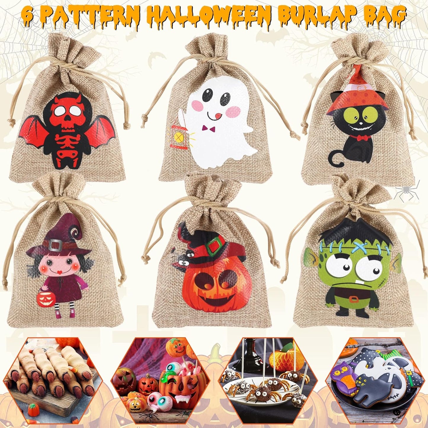 Halloween Trick or Treat Burlap Gift Bags with Drawstring