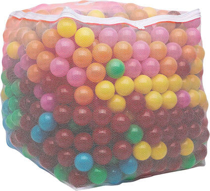 1000 crush-proof plastic pit balls in an assortment of colors, plus a mesh storage bag