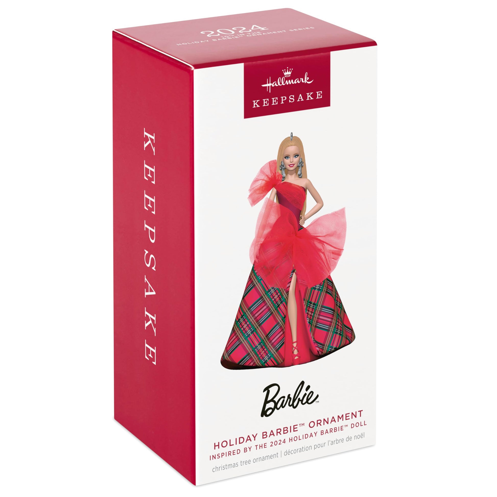 Inspired by this year's new Holiday Barbie Doll, the 2024 Holiday Barbie Hallmark Keepsake Christmas ornament adds a dazzling touch of glamour to the tree