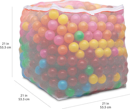 1000 crush-proof plastic pit balls in an assortment of colors, plus a mesh storage bag