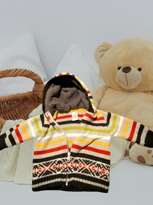 Multi-colored striped baby hooded sweater