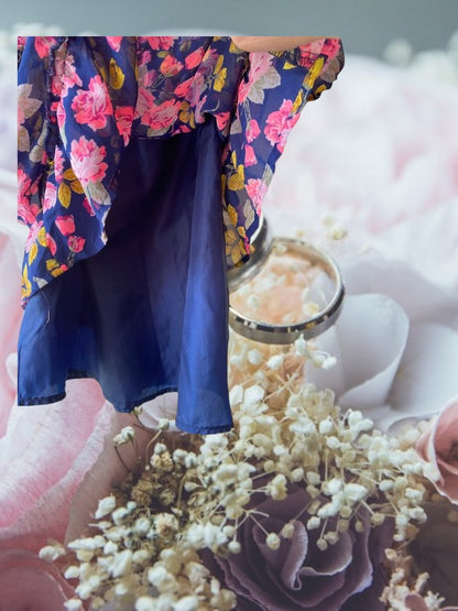 Route 66 floral ruffle dress with vibrant floral designs and elegant ruffled sleeves