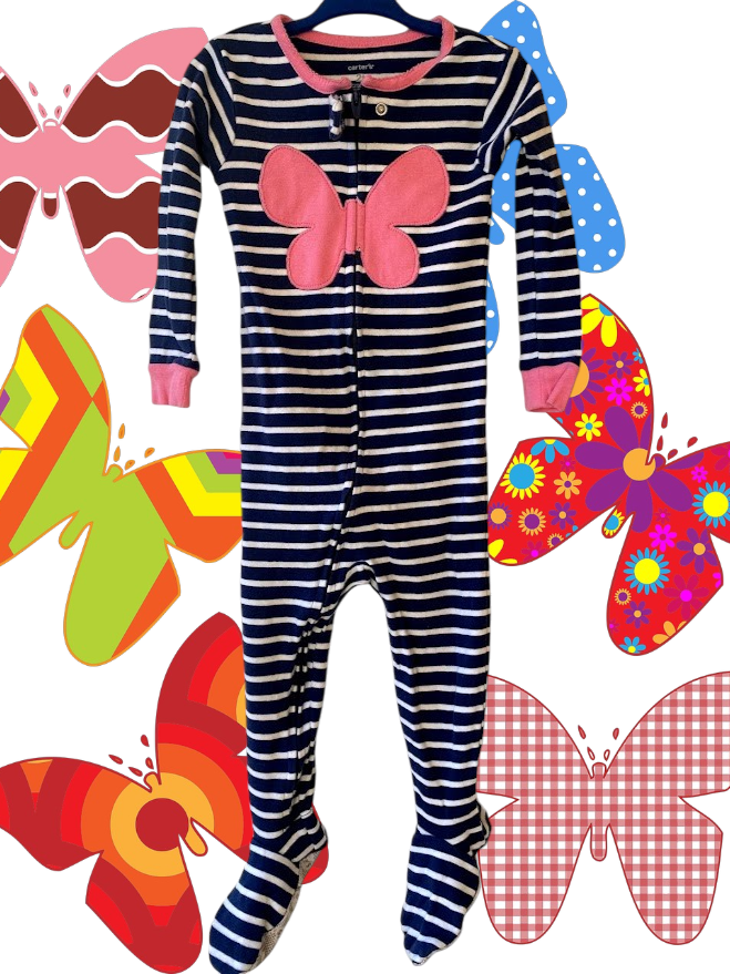 This Carter's appliqué butterfly stripe footed one piece features colorful colors and a pretty big pink butterfly design