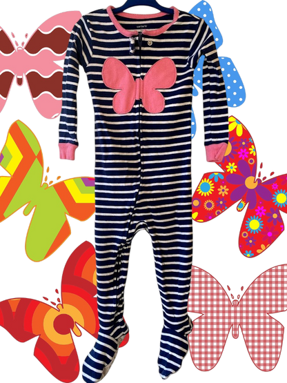 This Carter's appliqué butterfly stripe footed one piece features colorful colors and a pretty big pink butterfly design