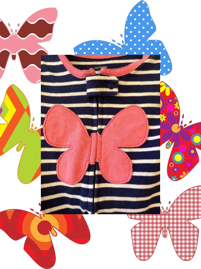 This Carter's appliqué butterfly stripe footed one piece features colorful colors and a pretty big pink butterfly design