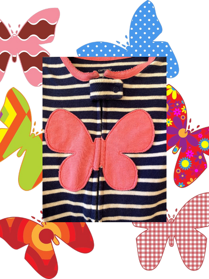 This Carter's appliqué butterfly stripe footed one piece features colorful colors and a pretty big pink butterfly design
